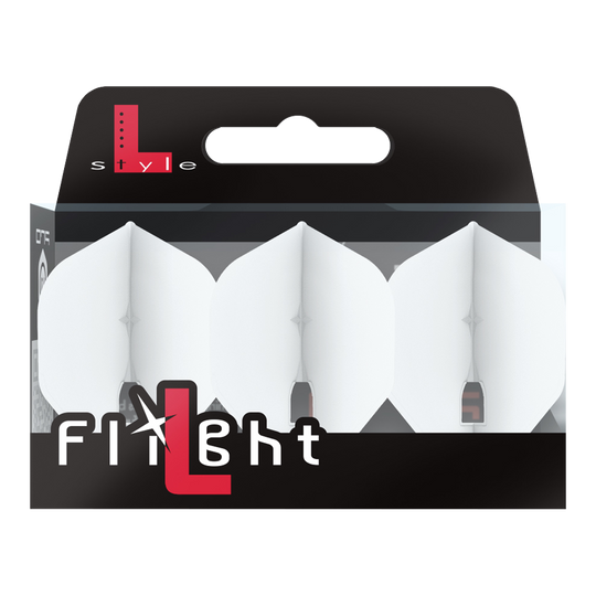Auf dem Bild ist eine Packung mit drei weißen Dart-Flights zu sehen. Die Verpackung trägt die Aufschrift „L-style Flight“ und ist hauptsächlich schwarz und weiß gestaltet.