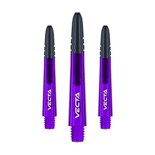 Winmau Vecta Shafts - Purple Black Das Bild zeigt drei violett-schwarze Dartschäfte mit der Aufschrift "VECTA". Sie sind gleich lang und nebeneinander angeordnet.