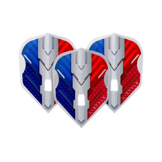 Das Bild zeigt drei Dart-Flights mit einem modernen Design in den Farben Blau, Weiß und Rot. Auf den Flights steht der Schriftzug "L-Style".