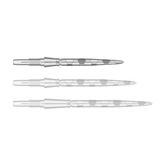 Target Swiss Storm Onyx Point Dart Tips - Silver Das Bild zeigt drei silberne Dartspitzen mit einem sechseckigen Muster. Sie sind parallel nebeneinander angeordnet und haben eine glatte, metallische Oberfläche.