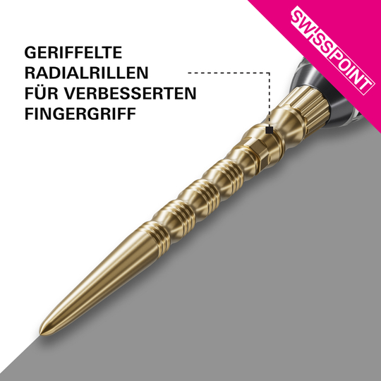 Zu sehen sind die Target Signature Swiss Point TRB Steeldartspitzen - Gold. Die goldenen Spitzen sind für Dartpfeile geeignet.