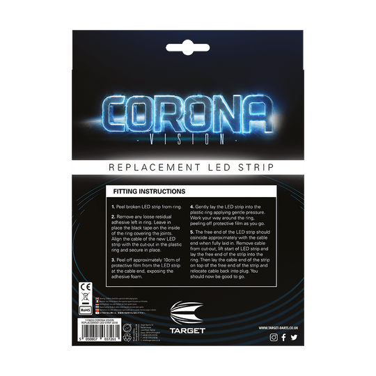 119655_Target-Corona-Ersatzteil-LED-Band-5 Das Bild zeigt die Verpackung des Produkts "Target CORONA Vision Ersatzteil LED-Band". Auf der Rückseite sind die Montageanleitungen für den Austausch des LED-Bandes abgedruckt.