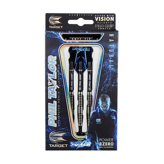 200240-Target-Phil-Taylor-Power-8Zero-Softdarts-3-4-Wallet Das Bild zeigt die Target Phil Taylor Power 8zero Softdarts in ihrer Originalverpackung. Die Verpackung hebt den Namen Phil Taylor und das hochwertige Design der Darts hervor.