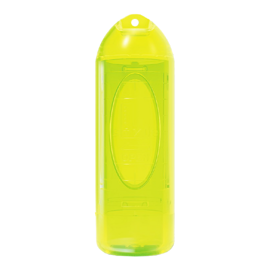 L-L-Styleipstock Tip Case Das Bild zeigt ein durchsichtiges, neon-gelbes Etui in zylindrischer Form. Es hat ein kleines Loch an der Oberseite zum Aufhängen oder Befestigen.