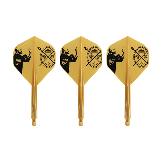 Auf dem Bild sind drei gelbe Dart-Flights mit schwarzem Motiv zu sehen. Sie tragen das Design des Condor AXE Devon Petersen Inspiration Flight-Systems in Standardform.