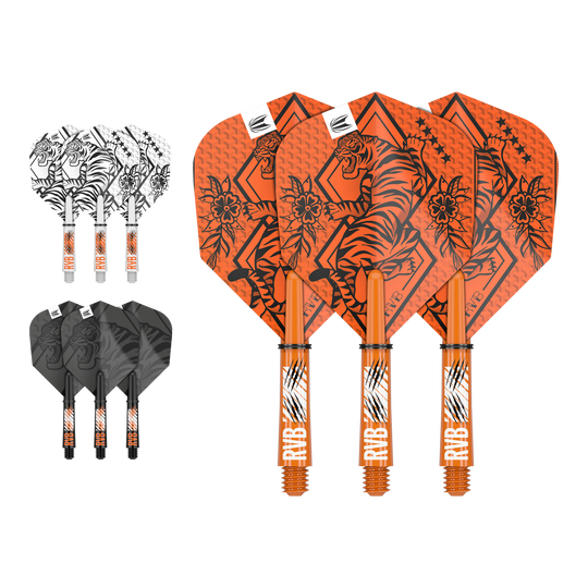 Abgebildet ist ein Flight-Shaft-Kit, vermutlich das Raymond Van Barneveld Modell mit 34 mm Länge. Das Produkt ist ein Dart-Zubehör.