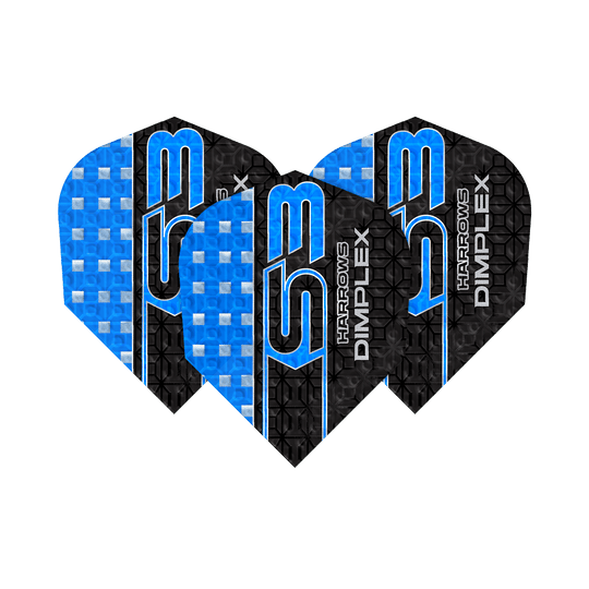 Das Bild zeigt drei blaue Harrows Dimplex S3 Flights für Darts. Die Flights haben ein auffälliges Design mit blauen und schwarzen Mustern sowie der Aufschrift "S3" und "Dimplex".