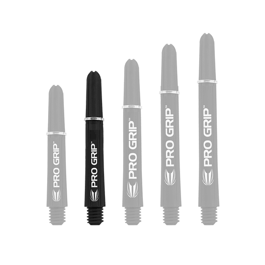 Das Bild zeigt fünf schwarze Target Pro Grip Shafts in unterschiedlichen Längen. Auf jedem Shaft steht in weißer Schrift "PRO GRIP".