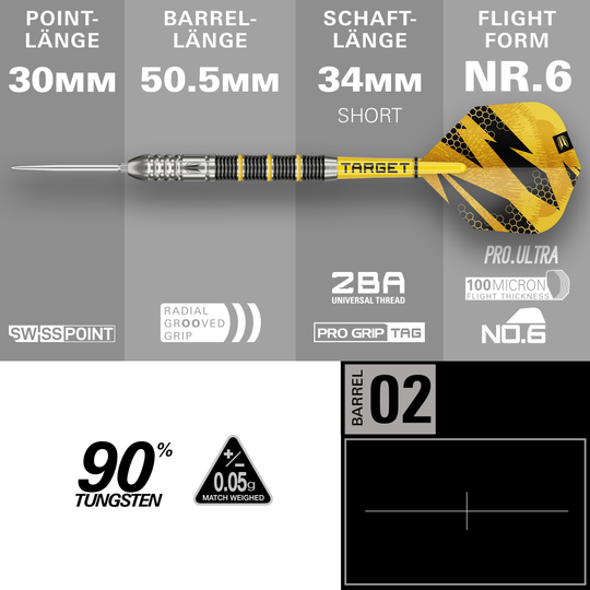 Target Buzz 02 Swiss Points steel darts Hier sieht man die Target Buzz 02 Swiss Points Steeldarts. Die Darts sind deutlich und im Detail abgebildet.