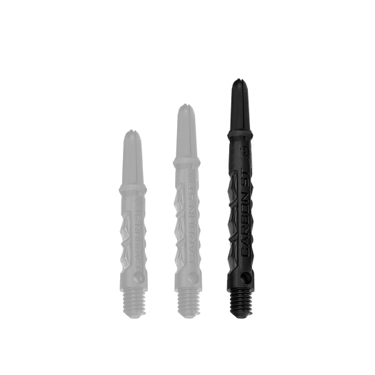 Das Bild zeigt drei schwarze Harrows Carbon ST Shafts in unterschiedlichen Längen. Die Shafts haben eine strukturierte Oberfläche und die Aufschrift "CARBON ST".