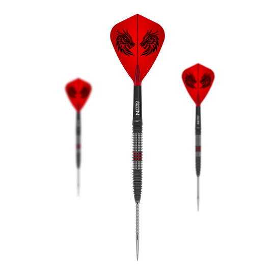 Red Dragon Jonny Clayton Hireath Switch Point Steel Darts Das Foto stellt ein Set der Red Dragon Jonny Clayton Hireath Switch Point Steeldarts dar. Dieses Set bietet alles für ein professionelles Dartspiel.