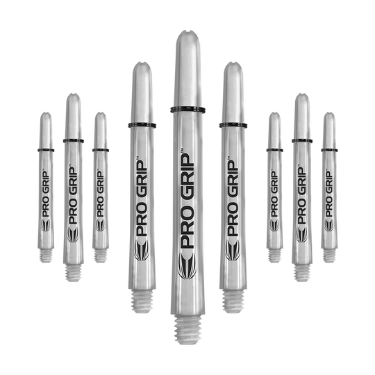 Das Bild zeigt neun transparente Pro Grip Shafts für Dartpfeile. Die Shafts haben eine Länge von 48 mm und sind mit schwarzem Schriftzug und Logo versehen.
