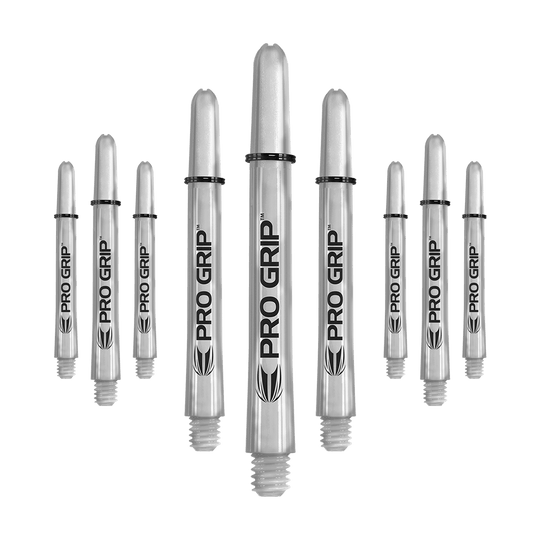 Target Pro Grip Shafts - 3 Sets - Transparent Das Bild zeigt neun transparente Pro Grip Shafts für Dartpfeile. Die Shafts haben eine Länge von 48 mm und sind mit schwarzem Schriftzug und Logo versehen.