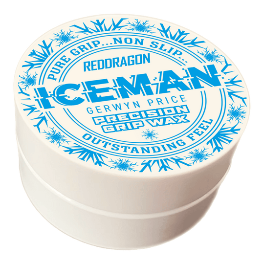 Das Bild zeigt eine weiße Dose mit der Aufschrift „Red Dragon Gerwyn Price Iceman Precision Grip Wax“. Auf dem Deckel sind blaue Schneeflocken und Werbeslogans wie „Pure Grip… Non Slip… Outstanding Feel“ abgebildet.