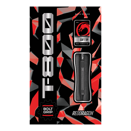 Hier ist das Produkt "Red Dragon T-800 Softdarts - 20g" abgebildet. Die Verpackung ist in Rot, Schwarz und Silber gestaltet und zeigt einen Softdart mit 90% Tungsten.