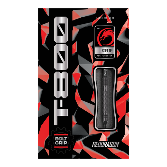 Red Dragon T-800 soft darts - 20g Hier ist das Produkt "Red Dragon T-800 Softdarts - 20g" abgebildet. Die Verpackung ist in Rot, Schwarz und Silber gestaltet und zeigt einen Softdart mit 90% Tungsten.