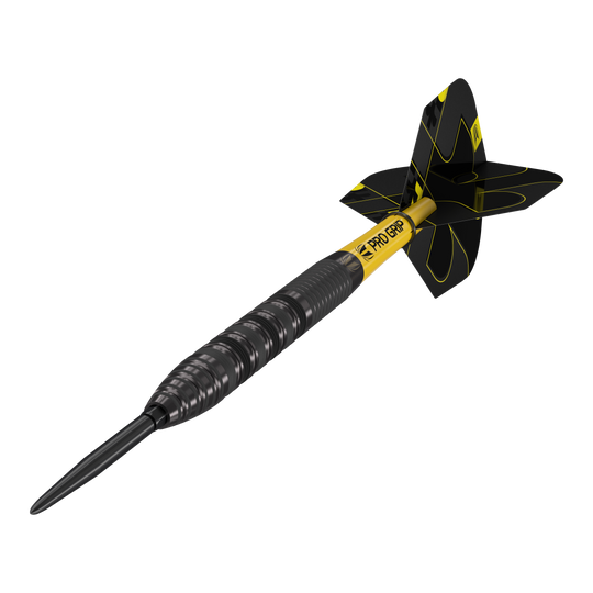 Target Bolide Void 01 Swiss Point Steeldarts Das Bild zeigt einen Target Bolide Void 01 Swiss Point Steeldart. Der Dartpfeil hat ein modernes Design mit schwarzen und gelben Akzenten.
