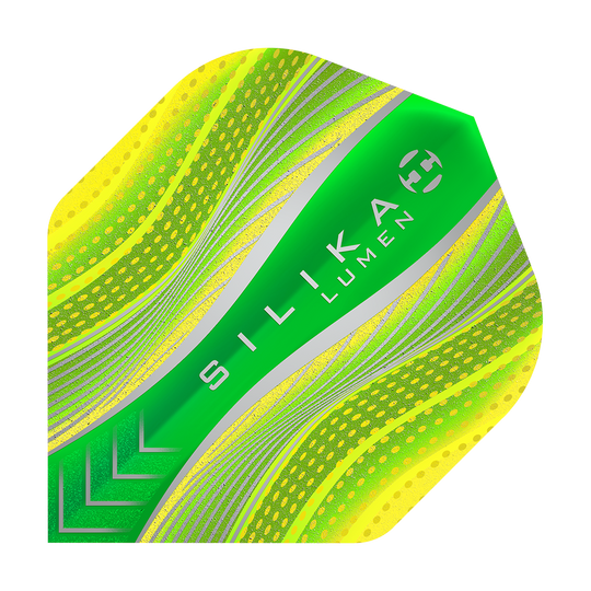 HR79_Harrows_Silika_Lumen_Yellow_No2_Standard_Flights_1 Das Bild zeigt das Produkt "Harrows Silika Lumen Yellow No2 Standard Flights". Es ist ein Dartflight mit leuchtend gelben und grünen Farben sowie silbernen Akzenten.