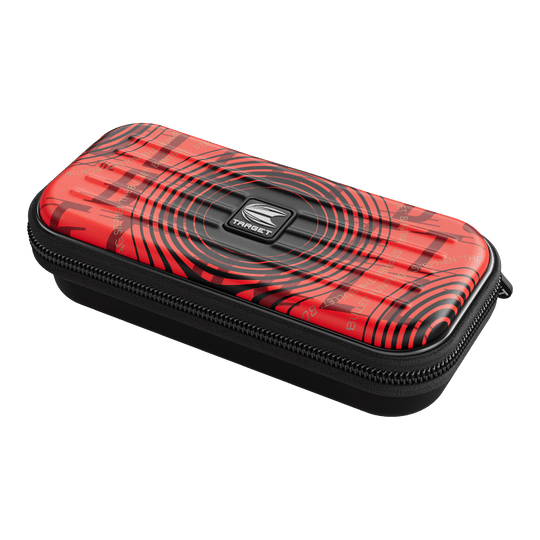 Target Takoma Stephen Bunting dart case Das Bild zeigt das Produkt "Target Takoma Stephen Bunting Dartcase". Das Etui ist rot mit schwarzen Kreisen und hat einen Reißverschluss.