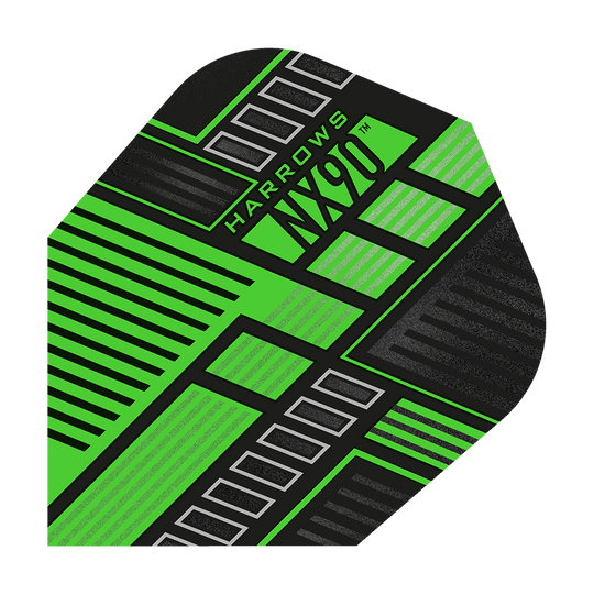 Das Bild zeigt ein Harrows Prime NX90 Green Flight für Darts. Das Flight ist hauptsächlich schwarz und grün mit einem modernen, geometrischen Muster.