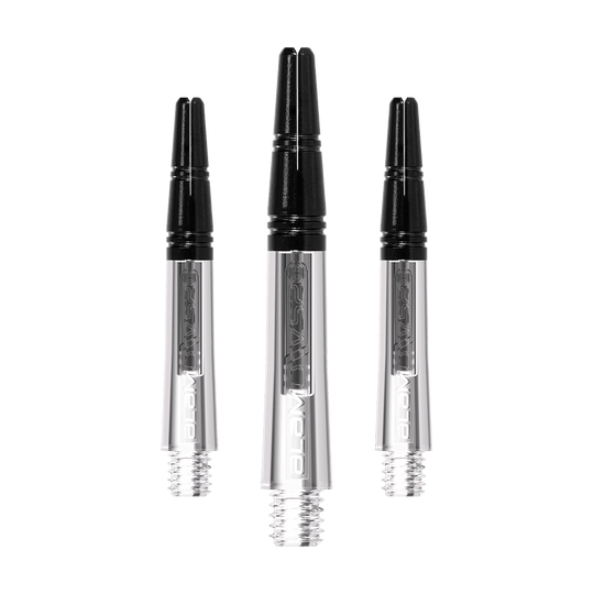 Harrow's Alamo VS2 Shafts - Clear Das Bild zeigt drei klare Dartschäfte mit schwarzem oberen Teil. Die Schäfte sind nebeneinander angeordnet und haben ein Schraubgewinde am unteren Ende.