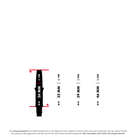 L-L-Style-Shaft Carbon Silent Straight - Black Das Bild zeigt verschiedene Längenangaben für L-Style Shafts, gemessen ohne das Gewinde. Die roten Linien markieren die Messpunkte und das Gewinde wird bei der Längenangabe nicht mit eingerechnet.