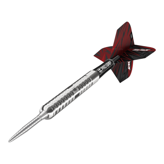 Target Sebastian Bialecki GEN1 Swiss Point Steeldarts - 22g Das Bild zeigt den Target Sebastian Bialecki GEN1 Swiss Point Steeldart mit 22 Gramm Gewicht. Der Dartpfeil hat ein silbernes Metallgehäuse, einen schwarzen Schaft und ein rot-schwarzes Flight-Design.