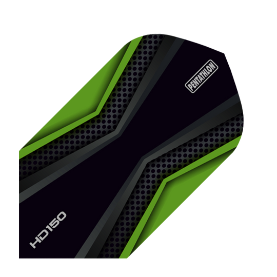 HD-39-HD150-Pentathlon-Green-Black-Flights Das Bild zeigt einen HD 150 Pentathlon Dart Flight in schlanker Form. Das Design ist in Schwarz und Grün gehalten, mit auffälligen grafischen Elementen.
