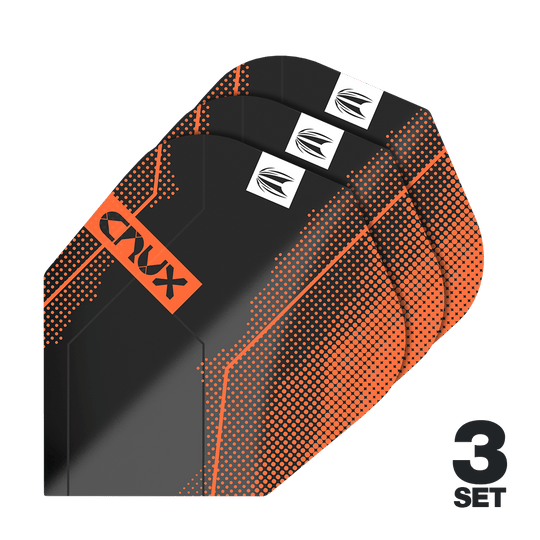 Das Bild zeigt drei Sätze Target Pro Ultra Crux No6 Flights. Die Flights sind schwarz mit orangefarbenen Akzenten und dem Schriftzug "CRUX".