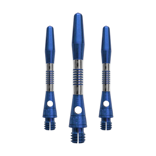 Dieses Bild zeigt blaue BullsNL Cetra Aluminium Shafts mit einer Länge von 34 mm. Es handelt sich um ein Set für Dartpfeile.