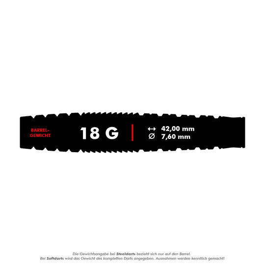 Target Japan Black Marque Phantom Soft Darts - 18g Das Bild zeigt die Produktspezifikationen der Target Japan Black Marque Phantom Softdarts mit einem Gewicht von 18 Gramm. Der Barrel ist 42,00 mm lang und hat einen Durchmesser von 7,60 mm.