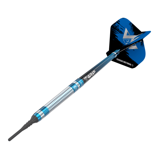 Bulls Jermaine Wattimena Generation 3 Soft Darts - 20g Das Bild zeigt einen Bulls Jermaine Wattimena Generation 3 Softdart mit einem Gewicht von 20g. Der Dart hat ein silbernes und blaues Design mit schwarzem Flight.