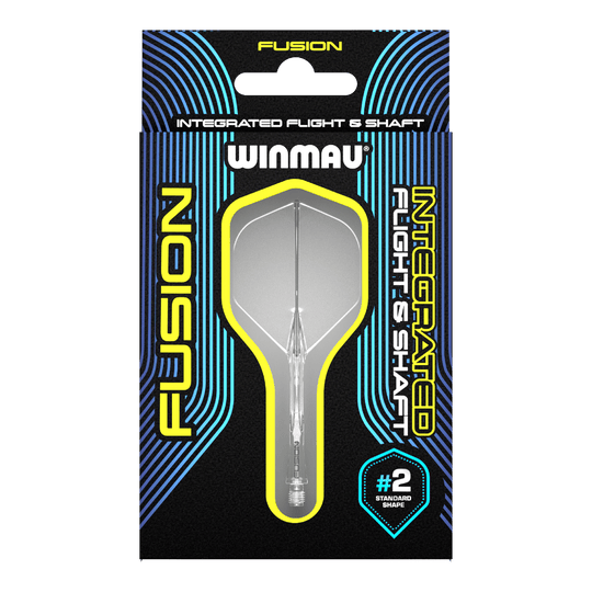 Auf dem Bild ist ein Winmau Fusion Flight & Shaft System in einer Verpackung zu sehen. Das Produkt ist durchsichtig und hat die Standardform #2.