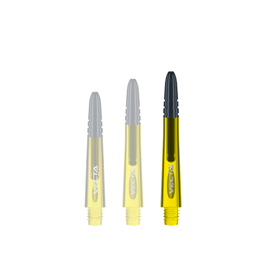 7025-206_Winmau_Vecta_Shafts_Gelb_40mm_1HA6l3pO4BnPaD Das Bild zeigt drei gelbe Winmau Vecta Shafts für Darts. Die Schäfte haben schwarze Spitzen und sind unterschiedlich lang.