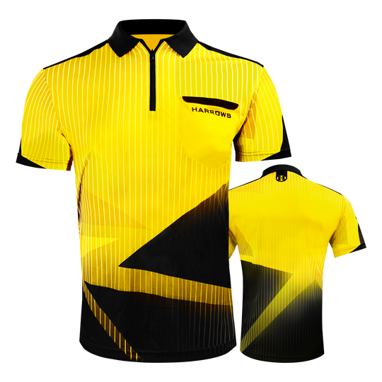 Harrows Shard Dartshirt - Gelb Das Bild zeigt das "Harrows Shard Dartshirt - Gelb" mit einem modernen gelb-schwarzen Design und weißen Streifen. Auf der Vorderseite befindet sich eine Brusttasche mit dem Aufdruck "HARROWS".