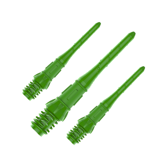 Premium Lippoints (30er Pack) - Spitzen Das Bild zeigt drei grüne Dartspitzen aus Kunststoff. Sie sind nebeneinander angeordnet und auf einem transparenten Hintergrund dargestellt.
