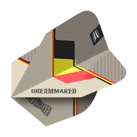 Dies ist ein Dart-Flight mit dem Namen "Target Pro Ultra Dimitri Van Den Bergh TenX Flights". Das Design enthält die Farben Schwarz, Gelb und Rot sowie den Schriftzug "DREAMMAKER".