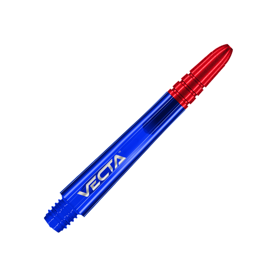 Winmau Vecta Shafts - Blue Red Das Bild zeigt einen Dart-Schaft in den Farben Blau und Rot. Auf dem blauen Teil steht das Wort "VECTA".