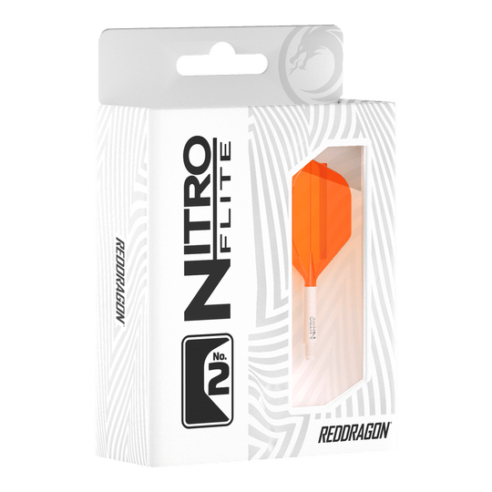 Red Dragon Nitroflite White Shaft Orange Flights No2 Zu sehen ist das Produkt Red Dragon Nitroflite White Shaft Orange Flights No2. Es besteht aus einem weißen Schaft und orangen Flights.