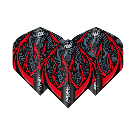 6915-195_Winmau_Prism_Alpha_Diablo_Standard_Flights_15Gks1Dq7YcvHW Das Bild zeigt drei Winmau Prism Alpha Diablo Standard Flights. Sie haben ein auffälliges Design in Schwarz, Rot und Grau mit modernen Mustern.