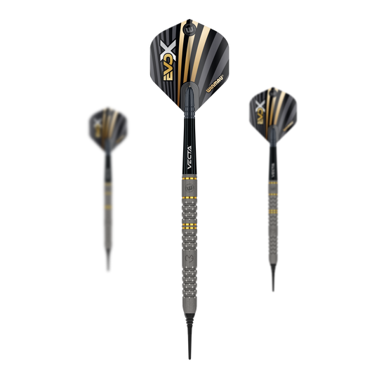 Winmau Michael Van Gerwen Evo-X soft darts - 20g Das Bild zeigt drei Winmau Michael Van Gerwen Evo-X Softdarts mit einem Gewicht von 20g. Die Darts haben ein modernes Design mit schwarzen, goldenen und silbernen Akzenten.