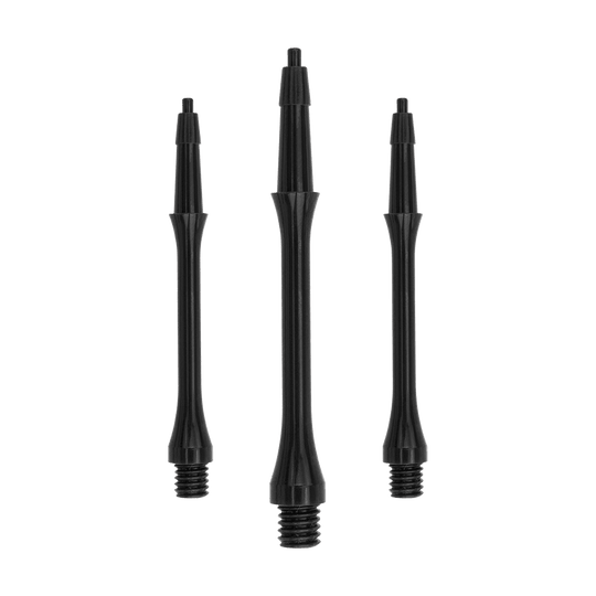 HRC-12596_Harrows_Clic_Slim_Shafts_Black_30mm_1bNnKe1dy1m9Zw Das Bild zeigt drei schwarze Harrows Clic Slim Shafts. Sie sind schlanke, leichte Schäfte für Dartpfeile.