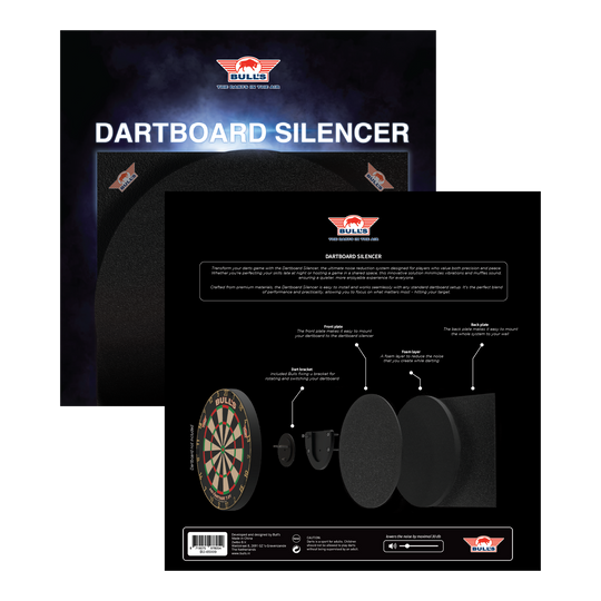 Das Bild zeigt das Produkt "Bulls NL Dartboard Silencer" in seiner Verpackung. Auf der Rückseite ist eine Grafik abgebildet, die die einzelnen Komponenten und deren Funktionen erklärt.