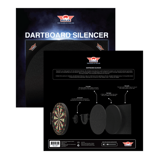 Bulls NL Dartboard Silencer Das Bild zeigt das Produkt "Bulls NL Dartboard Silencer" in seiner Verpackung. Auf der Rückseite ist eine Grafik abgebildet, die die einzelnen Komponenten und deren Funktionen erklärt.