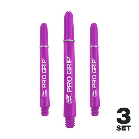 Target Pro Grip Shafts - 3 Sets - Purple Das Bild zeigt drei lila Dartschäfte der Marke "Pro Grip". In der rechten unteren Ecke steht "3 Set".