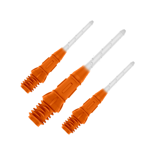 L-Style Premium Two Tone Lippoints (Pack of 30) Das Bild zeigt drei orange-weiße Dartspitzen in einer Reihe. Die Spitzen sind zum Teil orange und werden nach vorne hin durchsichtig.