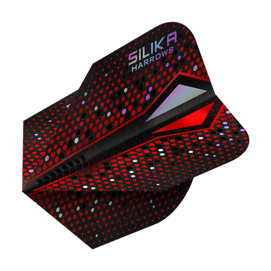 Das Bild zeigt das Produkt "Harrows Silika Colourshift Tough Crystalline Coating Red-X No6 Flights". Die Dart-Flights sind überwiegend schwarz mit roten und bunten Punkten und haben einen modernen, glänzenden Look.