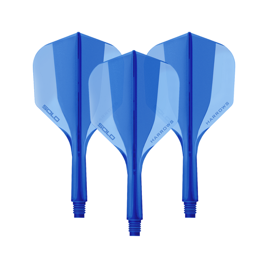 Das Bild zeigt ein Harrows Solo No6 Flight Shaft System in Blau, 20mm, als Set. Es handelt sich um Zubehör für Dartpfeile.