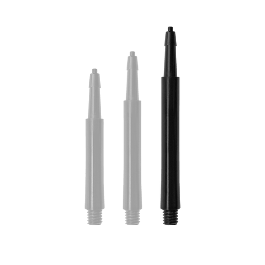 HRC12619_Harrows_Clic_Standard_Shafts_Schwarz_37mm_1QaDcgvy5x2bFt Das Bild zeigt drei schwarze Harrows Clic Standard Shafts in unterschiedlicher Länge. Sie sind als Zubehörteile für Dartpfeile gedacht.