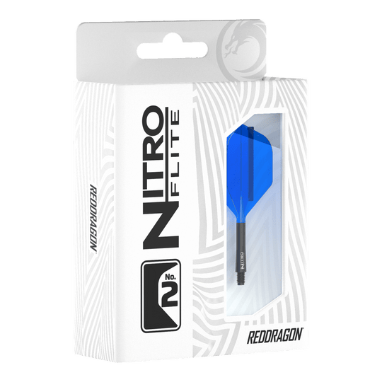 Red Dragon Nitroflite - Black Shaft Blue No2 Flights Die Verpackung zeigt das Produkt "Red Dragon Nitroflite - Black Shaft Blue No2 Flights". Im Sichtfenster ist ein blauer Dart-Flügel mit schwarzem Schaft zu sehen.